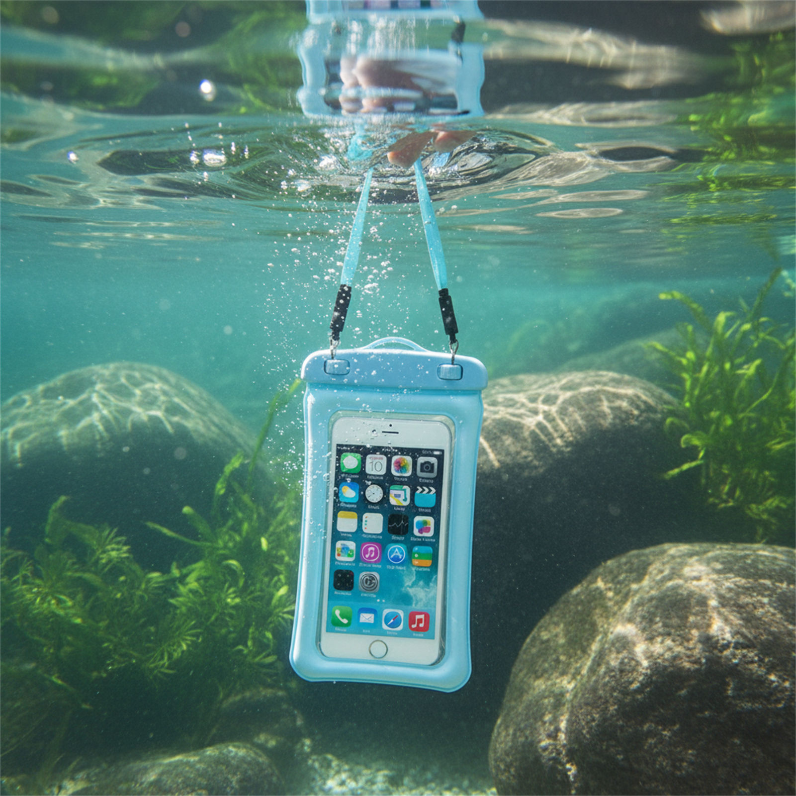Phone Accessories Organizer - Blau-Schwarze Wasserdichte Handytasche Transparente PVC-Touchscreen-Handyhalterung für
