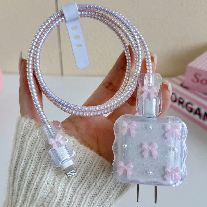 Phone Accessories Aesthetic - Transparente rosa 3D-Schleife Handy-Ladegerät Schutzhülle für